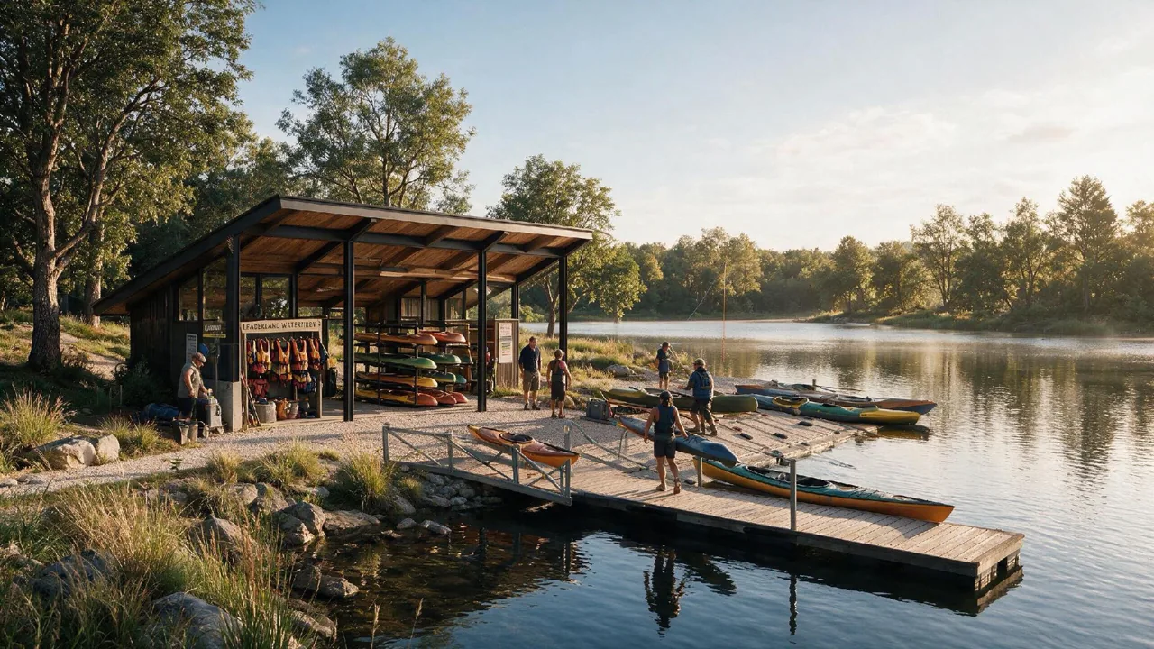 Concepto de un refugio y un muelle para canoas junto al lago